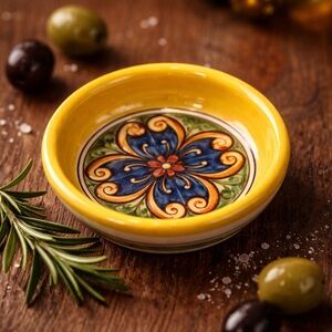 Miniature Yellow Ceramic Bowl with Floral Design Earring Dish